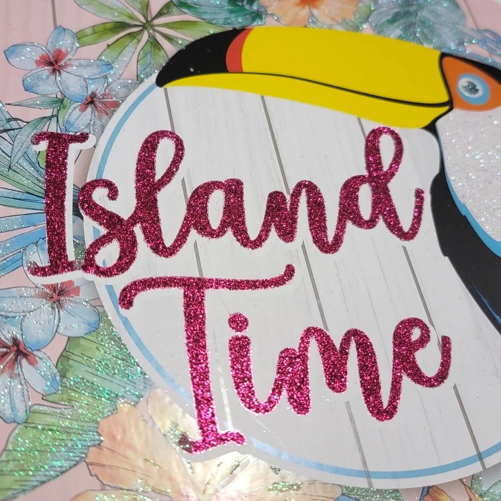 Island Time Toucan Wall Decor Sign Pink Glitter Hibiscus Tropical Tiki Summer